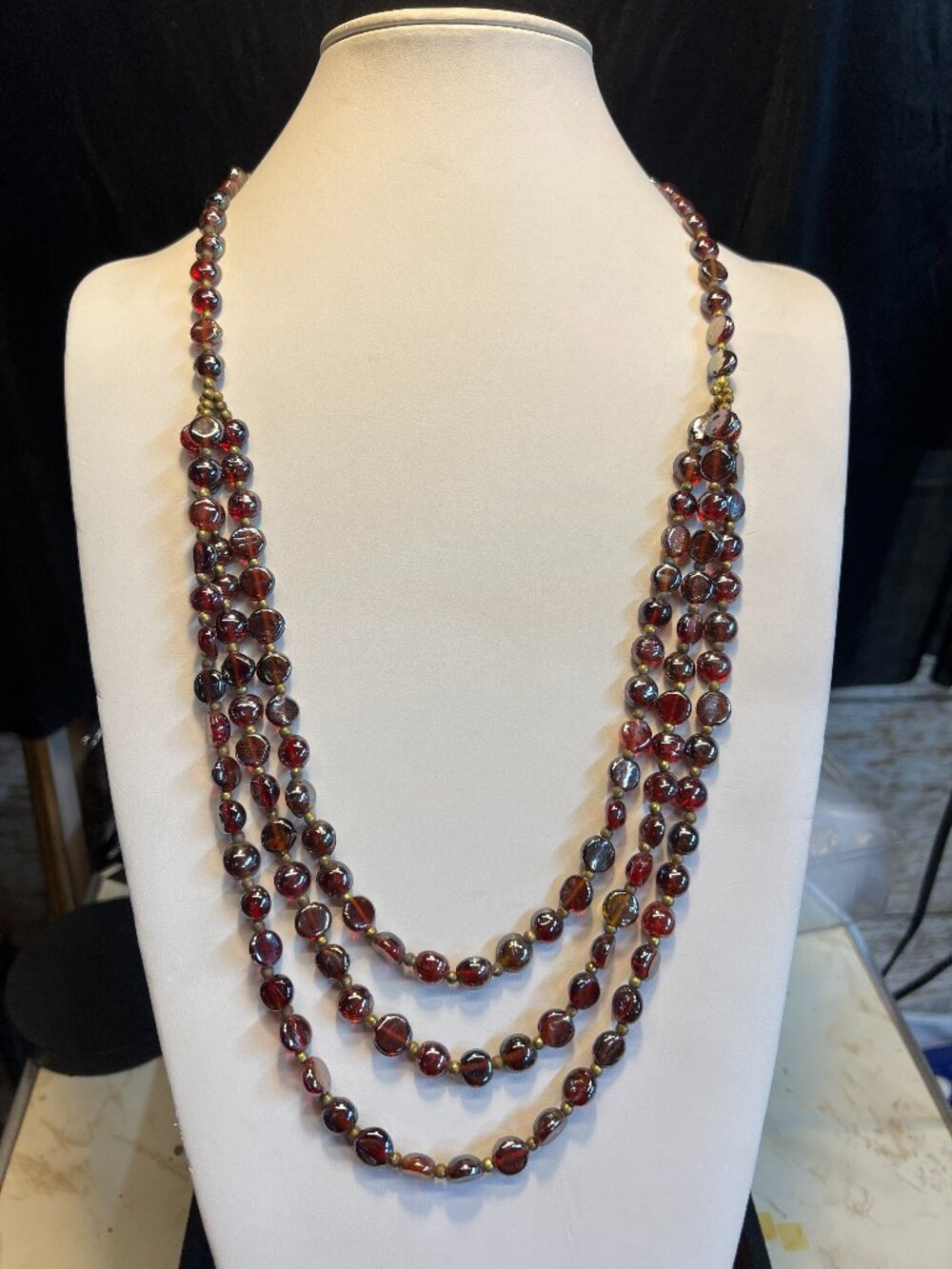 Vintage Iridescent Red Glass Multi Strand Necklace, Venetian Glass Style